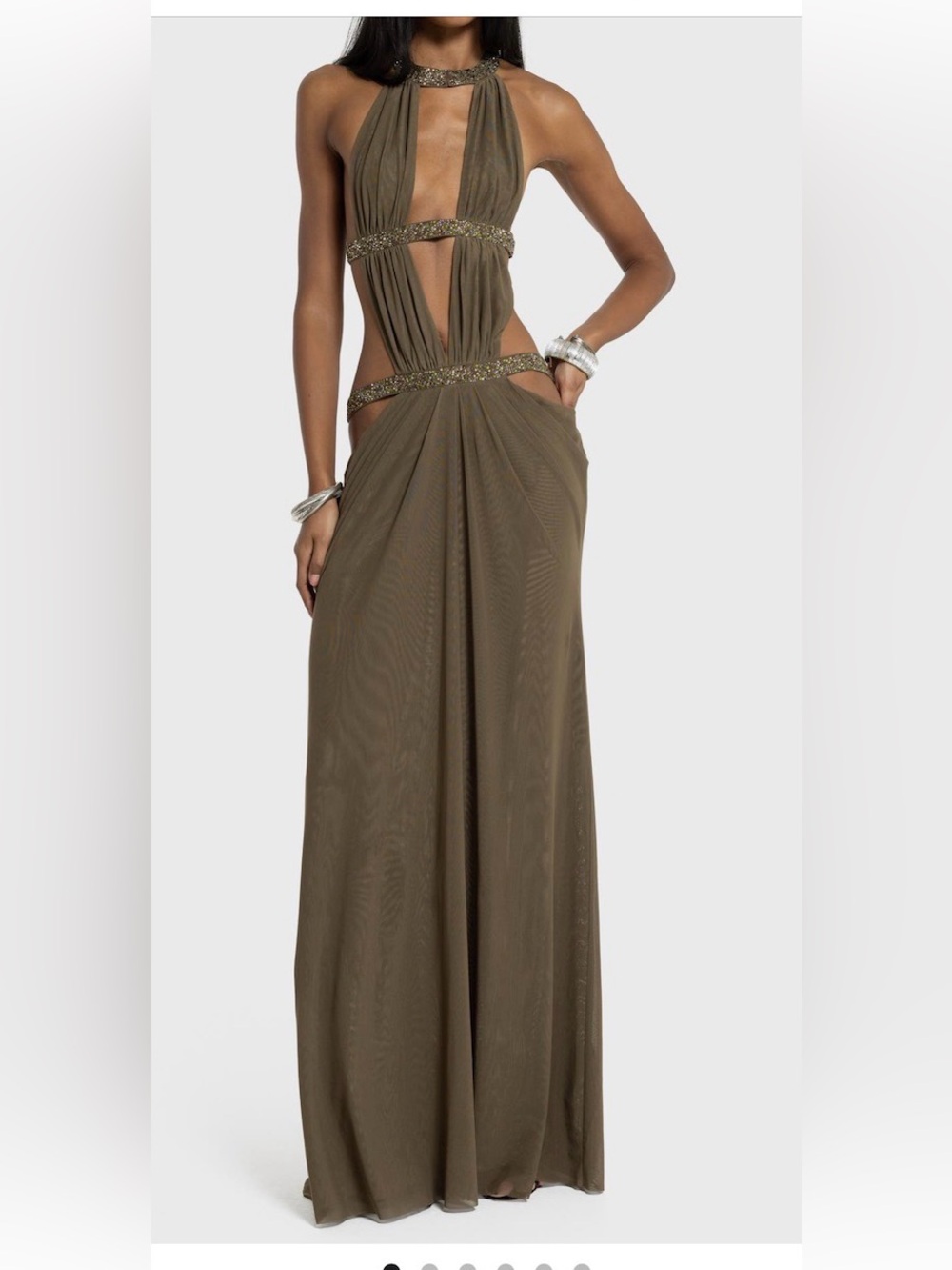 Jaded London Olive Halter Cutout Maxi Dress with Embellished Trim
